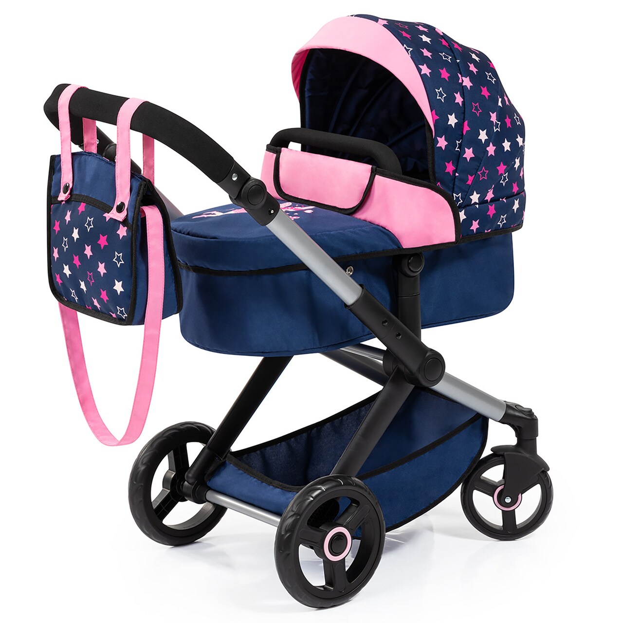 Bayer: Pram Xeo - Blue, Pink, Stars - Includes Shoulder Bag, Fits Dolls Up to 18", Convertible to A Pushchair, Adjustable Handle & Swivel